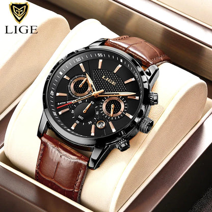 2024 New Mens Watches LIGE Top Brand Luxury Leather Casual Quartz Watch Men's Sport Waterproof Clock Watch Relogio Masculino+Box