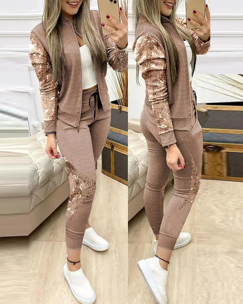 Spring Leisure Sports Zipper Tops Coat Pants 2 Two Pieces Sets For Women Striped Stitching Comfortable Activewear Sets