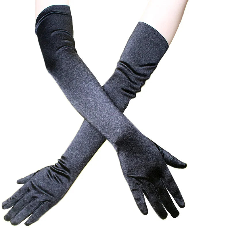 New Classic Adult Black White Red Skin Opera/Elbow/Wrist Stretch Satin Finger Long Gloves Women Flapper Gloves Matching Costume