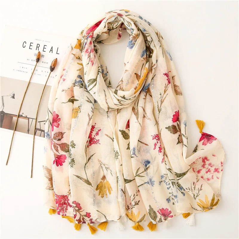 90*180cm Fashion high-grade flowers Cotton and linen female Polyester scarf printing gift custom national wind shawl beach towel