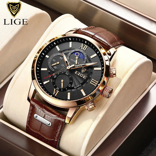 2024 New Mens Watches LIGE Top Brand Luxury Leather Casual Quartz Watch Men's Sport Waterproof Clock Watch Relogio Masculino+Box