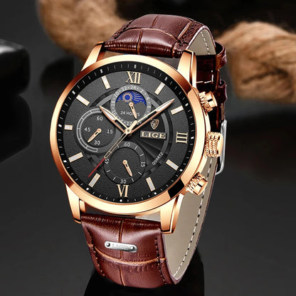 2024 New Mens Watches LIGE Top Brand Luxury Leather Casual Quartz Watch Men's Sport Waterproof Clock Watch Relogio Masculino+Box