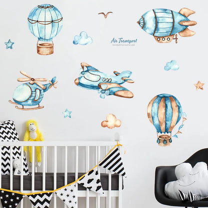 Cartoon Hot Air Balloon Wall Stickers for Boys Kids Baby Room Nursery Decor Art Airplane Airship PVC Removable Decals DIY Mural