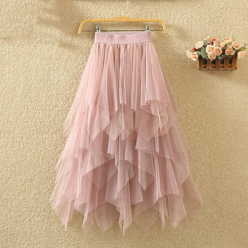 Summer Irregular Lace Mesh Skirt Womens High Waist Underskirt Ballet Irregular Skirt Long Midi Skirts Mesh Pleated Skirt