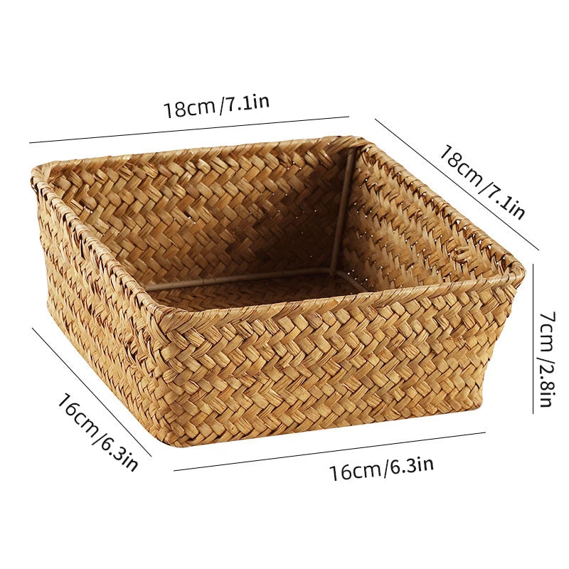 Woven Seagrass Storage Baskets Straw Rattan Basket Desk Organizer Picnic Basket Fruit Storage Box Cosmetic Storage Container