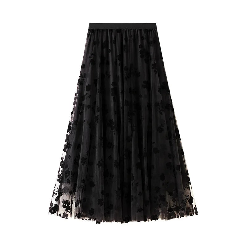 New 2024 Fashion Elegant Floral Summer Tulle Skirt Womens Spring Summer High Waist Pleated Skirts Ladies Blue Maxi Skirt Female