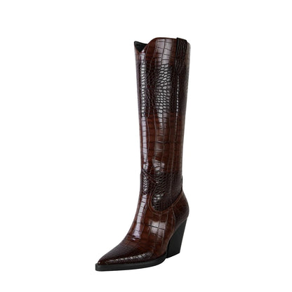 Kaky's new pointed thick heeled oversized women's boots, high boots, long boots, western boots