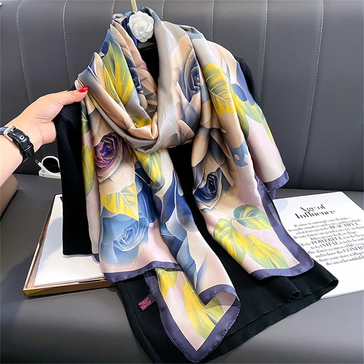 Women Fashion Print Silk Scarf Luxury Brand Warm 180X90CM Scarves Popular Lrage Satin Finish Shawl The Four Seasons Design Hijab