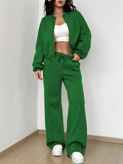 Women's Autumn 2024 Two Piece Set Cardigan Zipper Sweatshirt Jacket With Elastic Waistband And Wide Leg Pants Casual Set Ladies