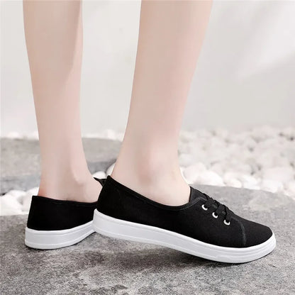 Lady Classic Round Toe White Canvas Shoes for Student School Women Cool Black Comfort Street Lace Up Shoes Zapatos De Mujer F921