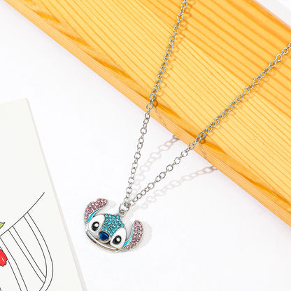 Disney-Stitch Cartoon Necklace, Cute Jewelry, Personality Pendant, Sweater Chain, Filled Rhinestones, Gift