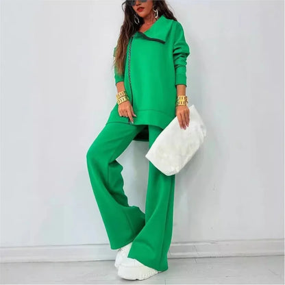 Fashion Zipper Lapel Casual Long Sleeved Hoodie Women's Suit Winter New Loose Wide Leg Pants Female Elegant Office 2 Piece Set