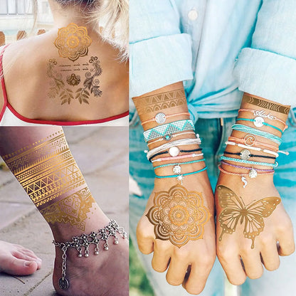 9 hojas de tatuajes temporales metálicos con diseño de león dorado, sol, luna, estrella, mariposa, brillantina, tatuajes falsos