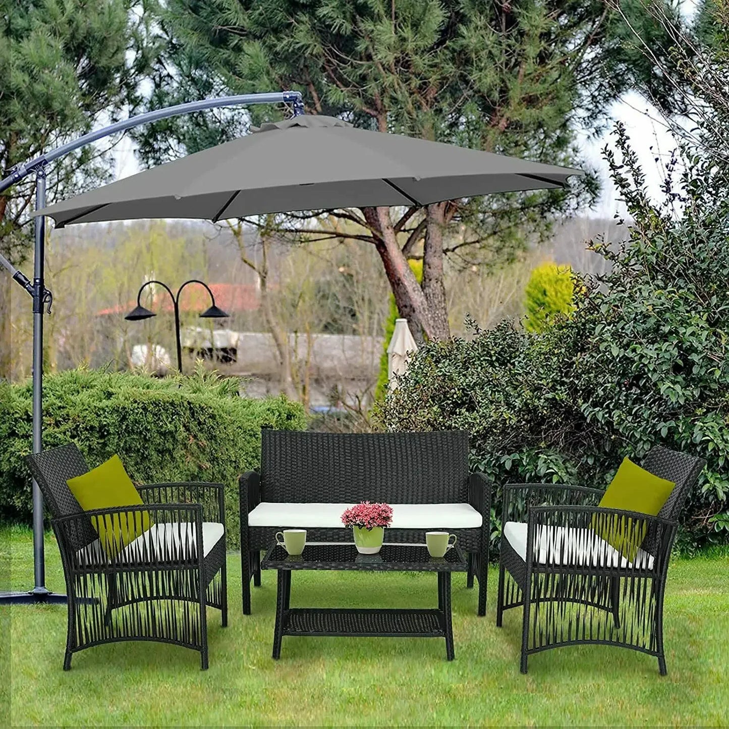 Rattan Garden Furniture Set Outdoor 4Pcs PE Rattan Patio Furniture Weaving Wicker Sofa Set Cushion Glass Table W/ Chairs Balcony