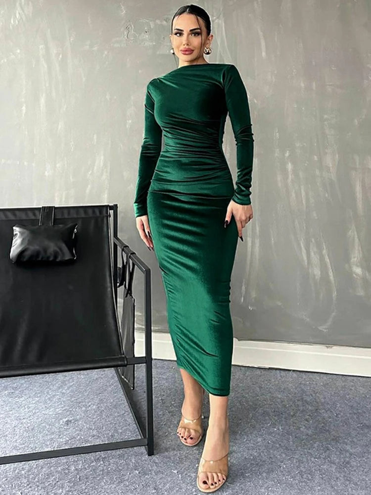 Dulzura 2024 Spring Summer Velvet Long Sleeve Midi Dress For Women Ruched Long Dress Elegant Party Clothes Evening Green Outfits