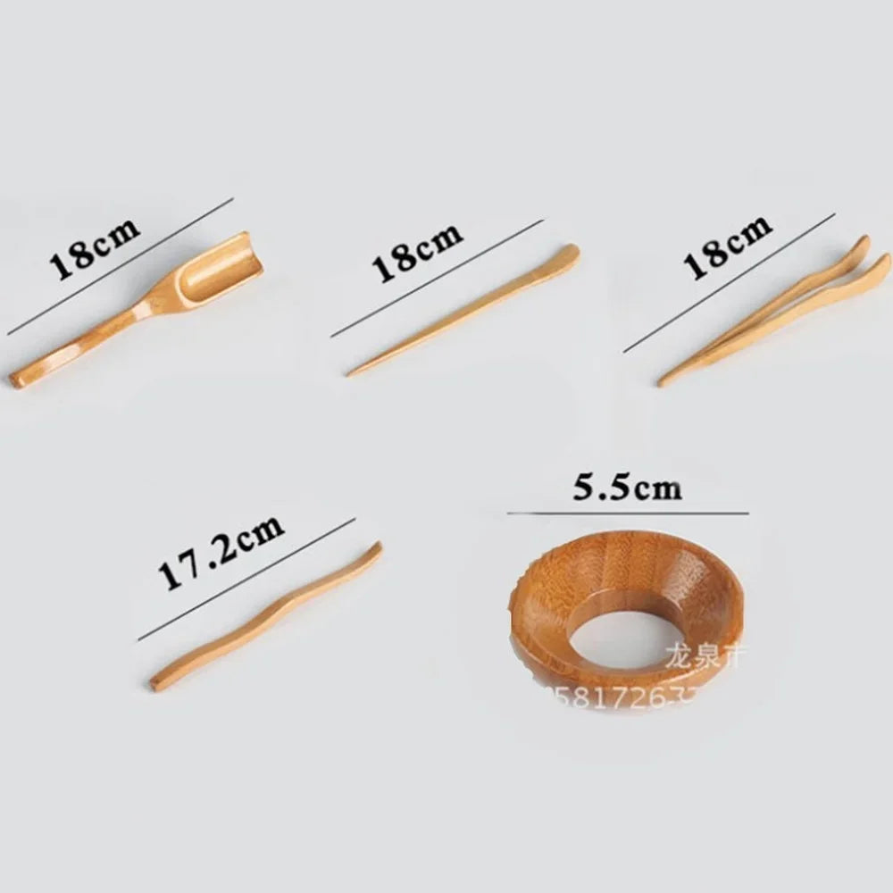 5PCS Chinese Tea Ceremony KungFu Teaware Kit Wood Teaspoon Needle Tweezer Clip Brush Teacup Holder Set Supplies Tea Making Tools