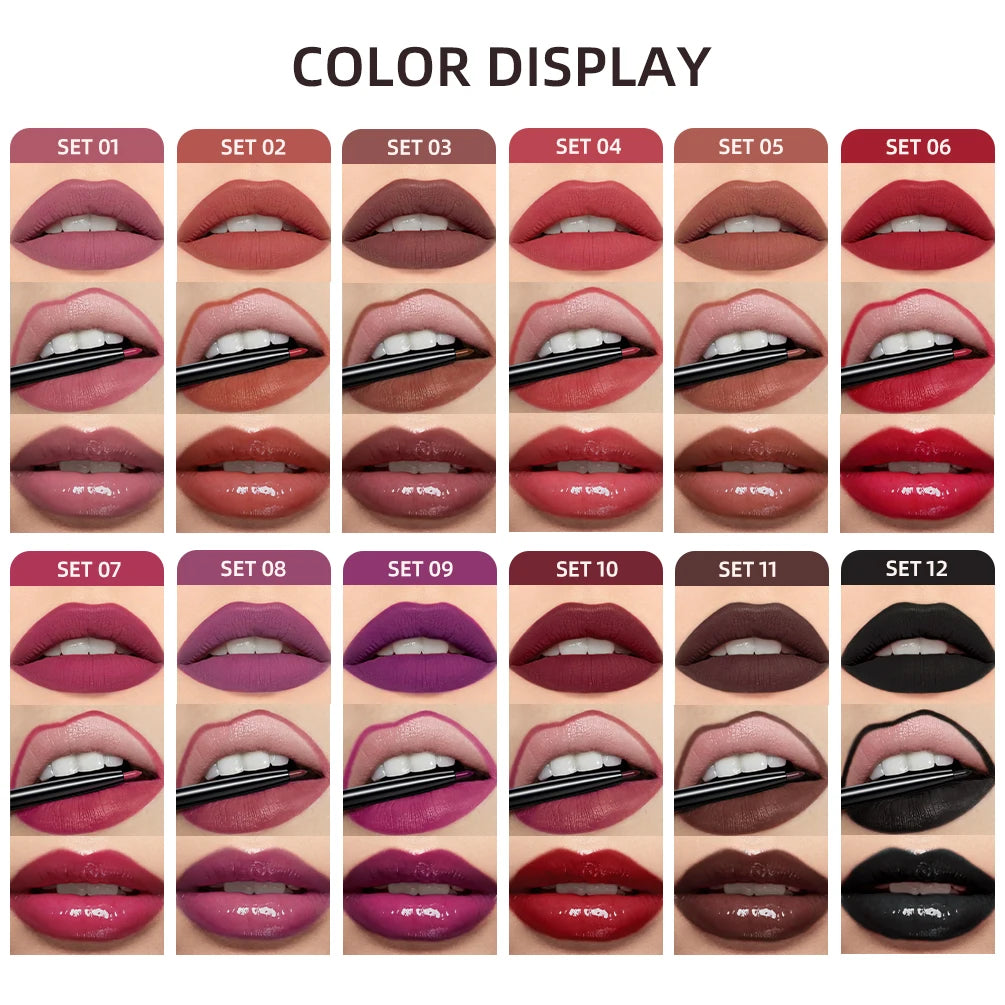 3pcs Matte Liquid Lipstick+Lip Liner Set Lip Glaze Makeup Nude Black Red Velvet Lip Gloss Long Lasting Lip Tint Cosmetics Kits