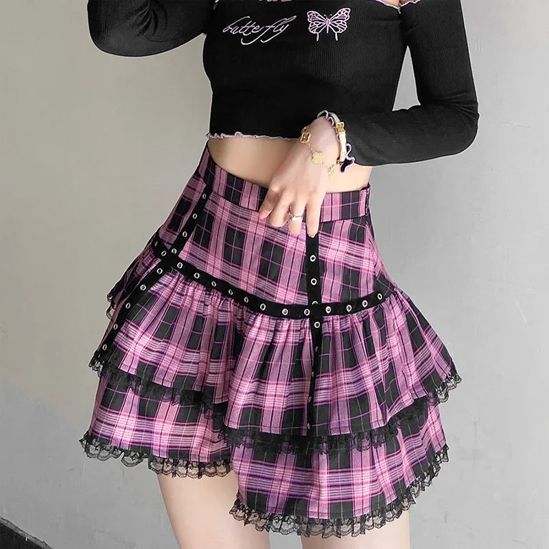 FICHOR Mall Goth Gothic Lace Ruffle Mini Skirts Womens Harajuku Fairy Grunge Pink Plaid Pleated Skirt Japanese Lolita Streetwear