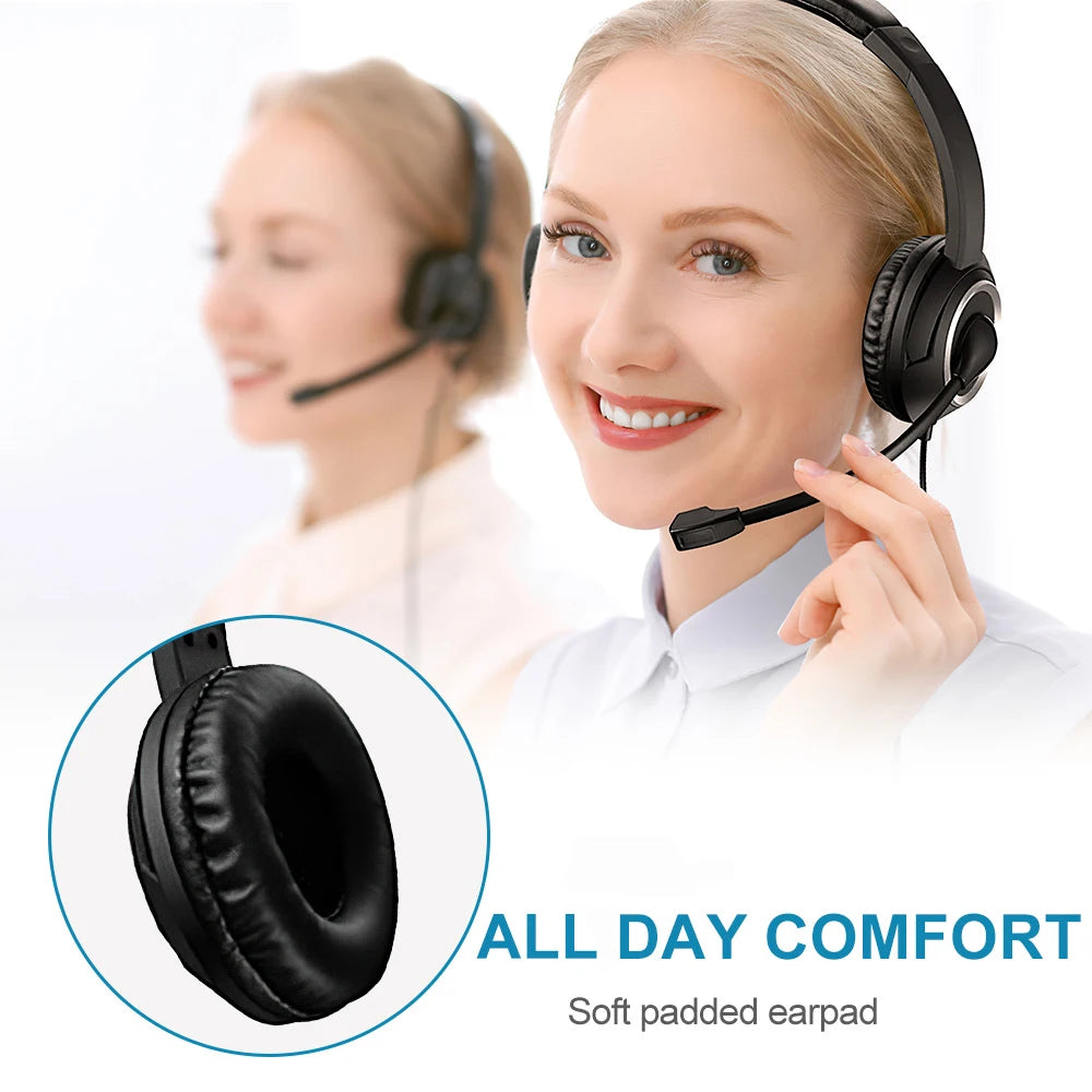 Wired USB Headset Call Center Headphones with Microphone Noise Cancelling Over Gaming Over-Ear Headsets for Computer PC Laptop