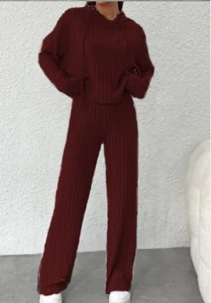 Spring Autumn Women's New Solid Color Casual Knitted Striped Hooded Sweatshirt Loose Long Sleeved Long Pants Two-piece Set