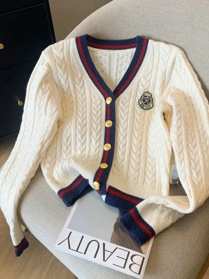 Autumn Winter Women Preppy Style Cardigan Sweater Old Money V-Neck Knitwear Embroidery French Vintage 2000s Aesthetic Thick Cute