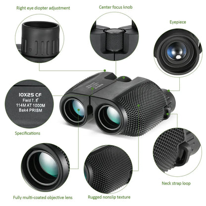 Binoculars 10X25 HD Mini Portable Telescope BAK4 FMC Coated Telescope Outdoor Bird Watching Hunting Travel Camping Ball Game