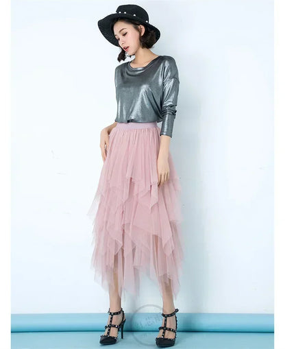 Fashion Summer Tutu Women Skirt Harajuku Tulle Bottom Faldas Casual High Waist Midi Mesh Skirts Woman Clothes Saia Jupe Femme