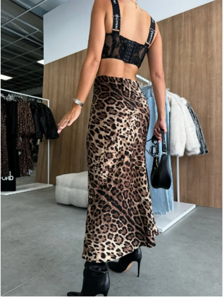 Women's High Waisted Long Skirt Personality Leopard Printed Dress Street Dating Elegant Autumn Dress