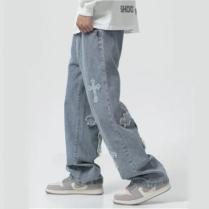 2023 Fashion Trousers Cross Denim Pants Streetwear Hip Hop Low Rise Baggy Jeans For Men Korean Y2k Women Cargo Pants Punk Clothe