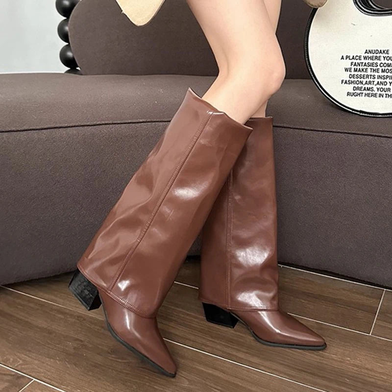 Knee High Heels Women Boots Leather Chunky Fashion Shoes Pointed Toe Snow Long Boots New Designer Pumps Punk Chelsea Botas Mujer