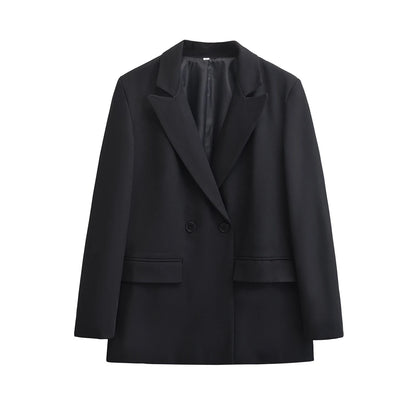 TRAF-Women's Double Breasted Office Wear Blazer Coat, Long Sleeve, Flap Pockets, Female Outerwear, Chic Tops, Fashion