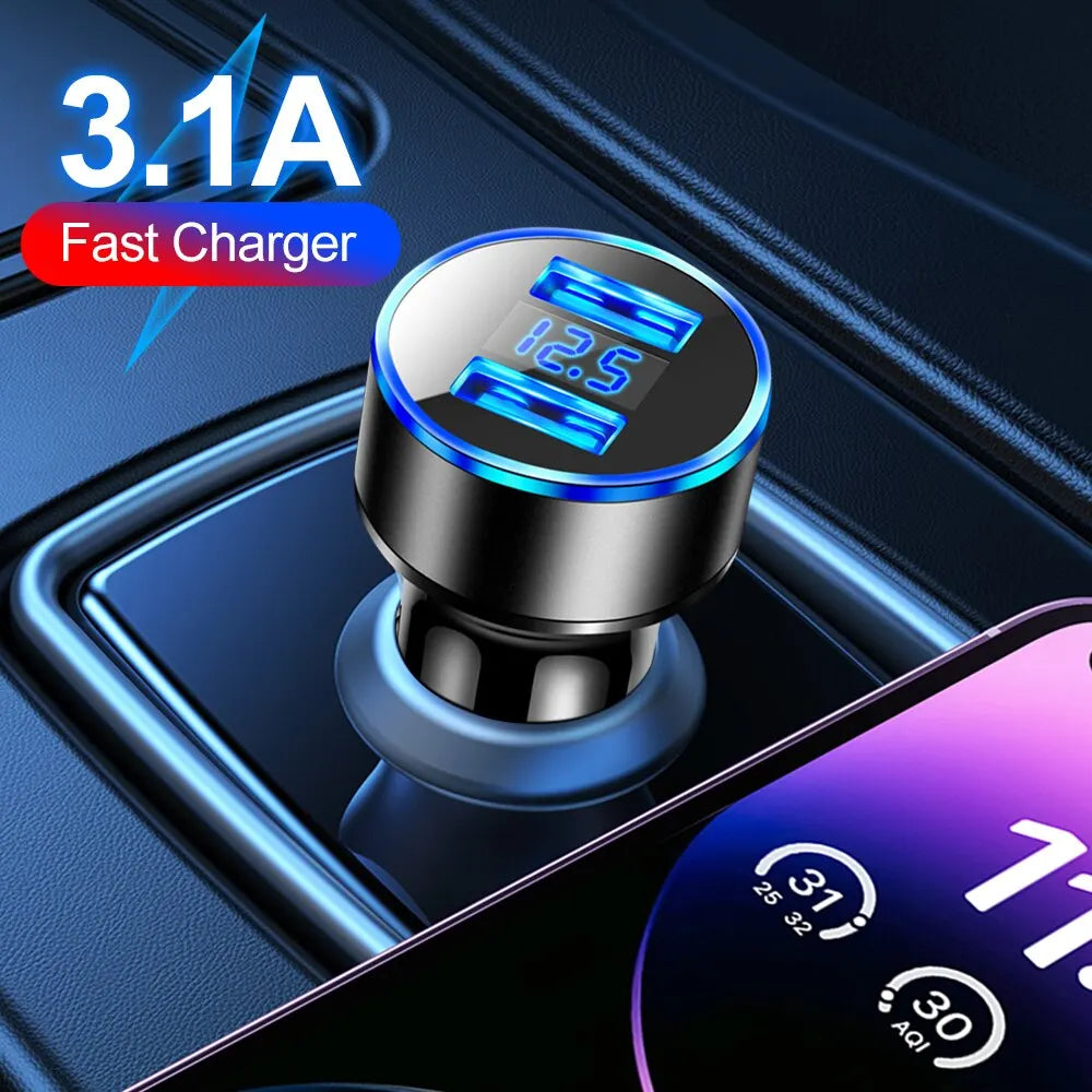 Dual USB 12.5V Voltage Display Car Charger For Cigarette Lighter Smart Phone USB Adapter Mobile Phone Charger Fast Charging