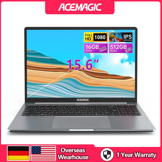 ACEMAGIC 15.6" Ultra Slim Laptop 16GB RAM 512GB SSD Intel N97 Notebook Gamer 1920*1080 Display Office Study Computer Windows 11