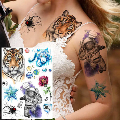 6 hojas de tatuajes temporales de acuarela de león, tigre y lobo para mujeres y hombres, tatuajes adhesivos para el brazo, tatuajes temporales de esqueletos de flores falsas