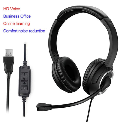 Wired USB Headset Call Center Headphones with Microphone Noise Cancelling Over Gaming Over-Ear Headsets for Computer PC Laptop