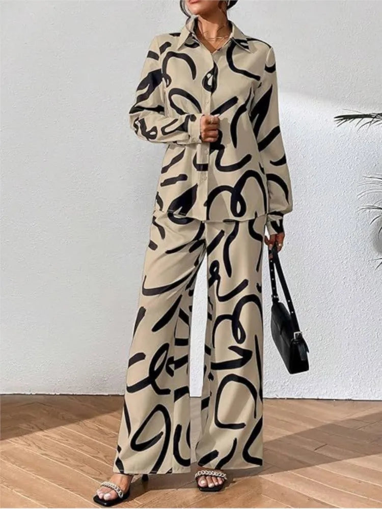 Spring Autumn Fashion Print 2 Piece Sets Women Loose Casual Pants Sets Female Long Sleeve Shirt Wide Leg Pants Two Piece Sets