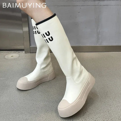 Platform Women Knee High Boots Flats Fashion Winter Leather Shoes Woman 2024 Trend New Goth Casual Snow Chelsea Botas De Mujer