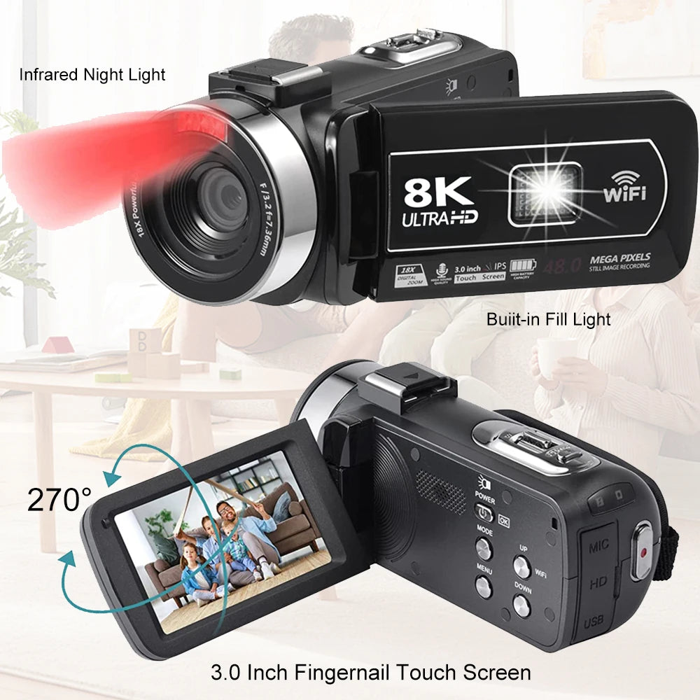 8K Video Camera 64MP Digital Video Camera 18X igital Zoom Camera Recorder 3 Inch LCD Touch Screen Portable Recording Camcorder