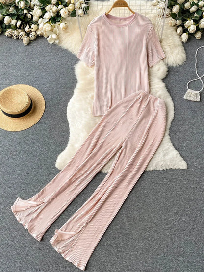 SINGREINY Pleated Fashion Solid Set Women Loose O Neck Tops Elastic Waist Split Wide Leg Long Pants Ladies Elegant Two Piece Set