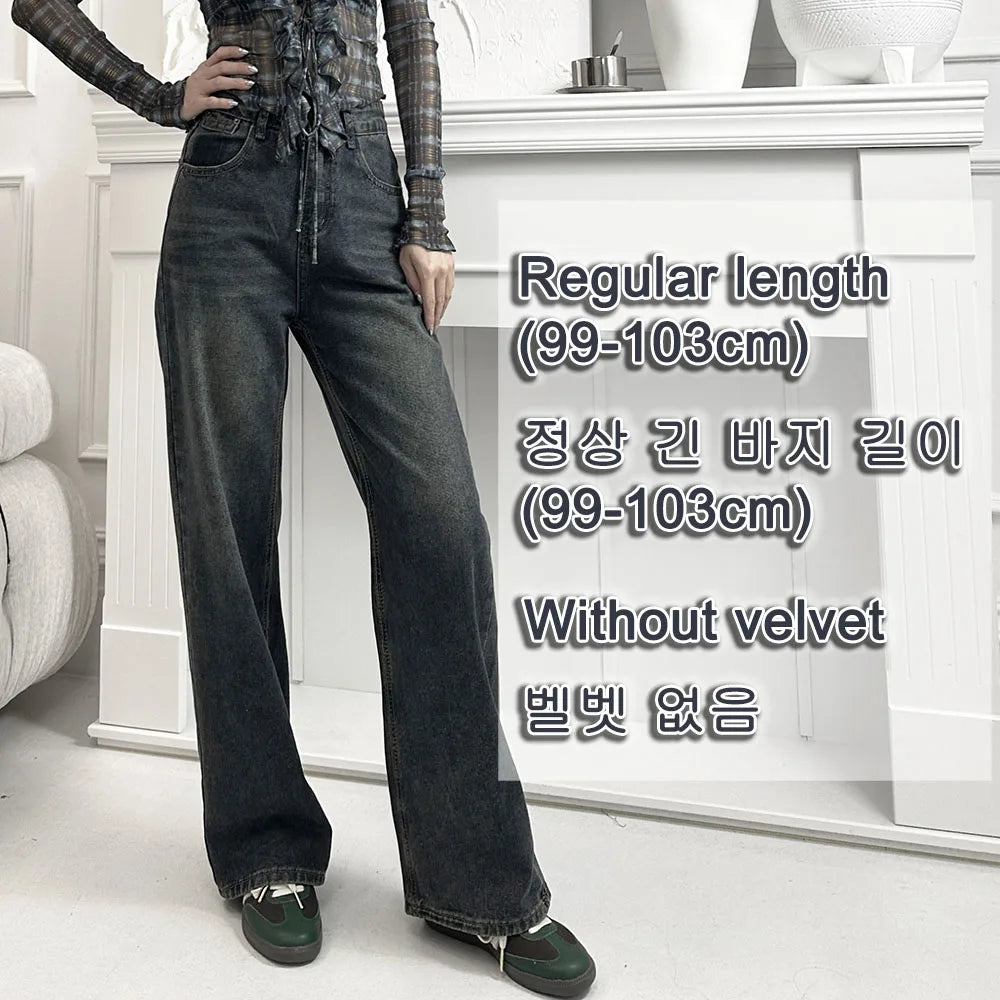 Fleece-lined Straight Denim Pants For Female Autumn Winter Pear Shaped High Waist Loose Slim Fit Wide Legged Jeans For Women