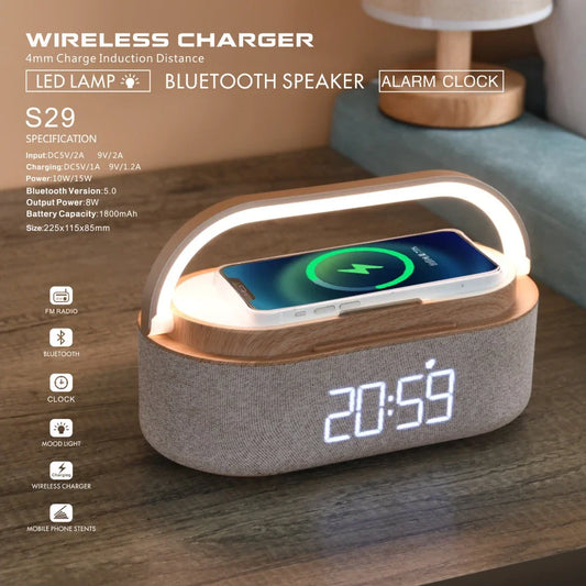 COSLUR S29 Bluetooth Speaker 1800Mah Battery Supports 15W Wireless Charging Digital Clock Display Night Light Alarm Clock