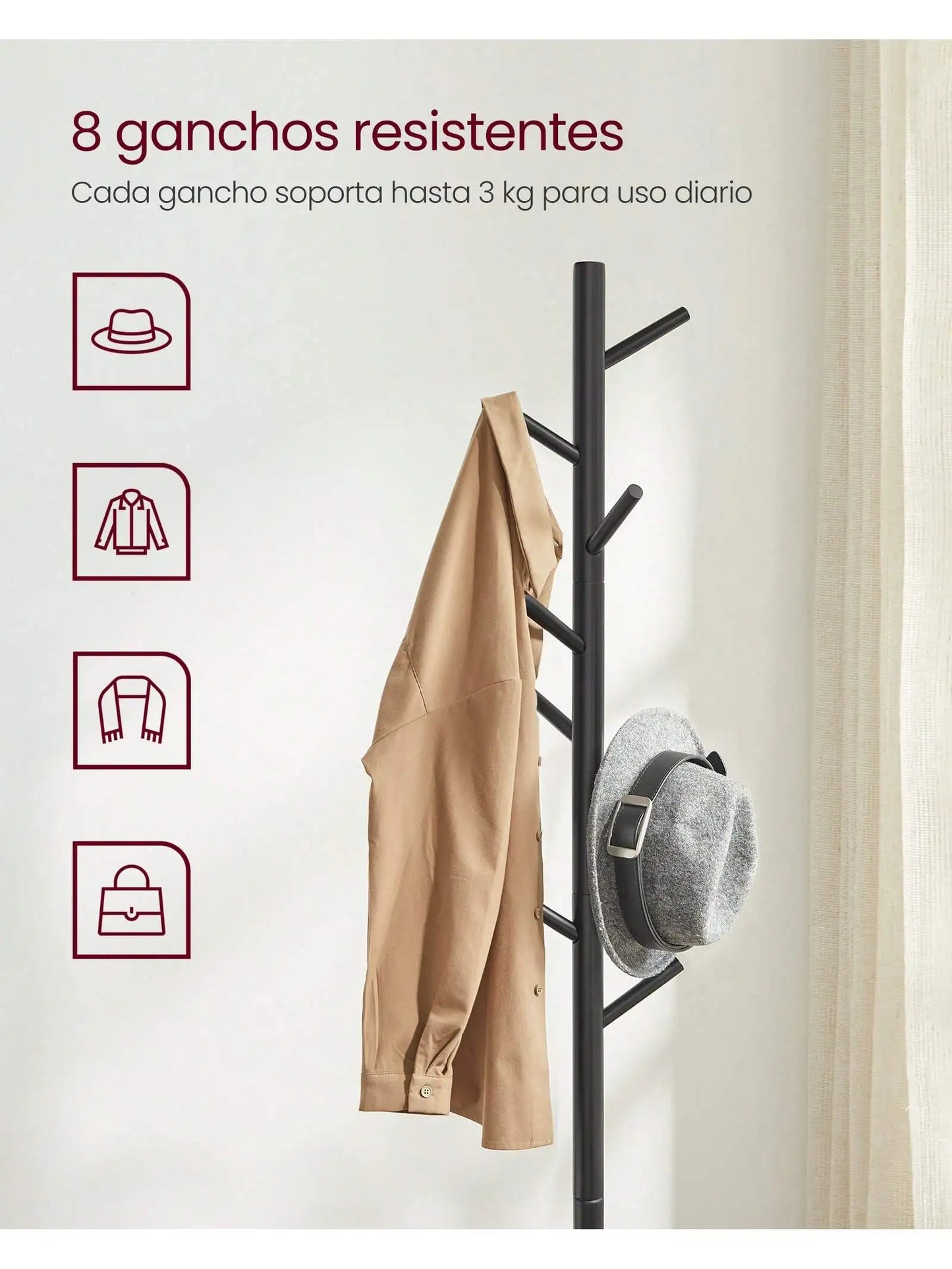 VASAGLE Tree-Shaped Coat Rack: Solid wood, 8 hooks, 3 height options for clothes, hats, bags. Living room, bedroom