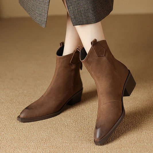 NEW Autumn Women Boots Pointed Toe Chunky Heel Shoes Genuine Leather Shoes for Women Concise Zipper Ankle Boots Western Boots