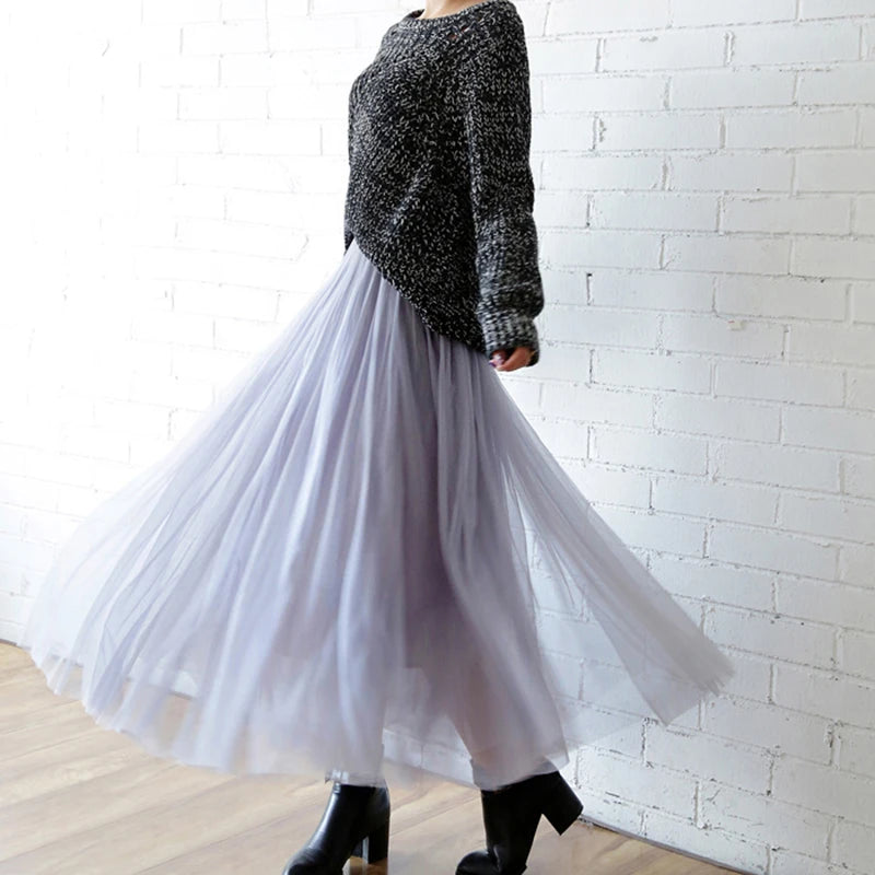 Vintage Tulle Skirt Women Streetwear Elastic High Waist Mesh Pleated Skirts Summer Elegant Korean A Line Office Ladies Skirt New