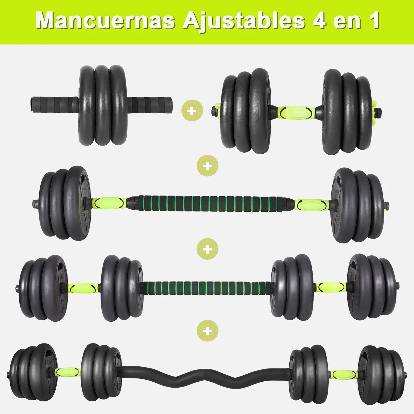 Men's Adjustable Dumbbell Set 4 in 1, 10KG,15KG,20KG,30KG, with KETTLEBELL, CURL and straight bar, ABDOMINAL wheel