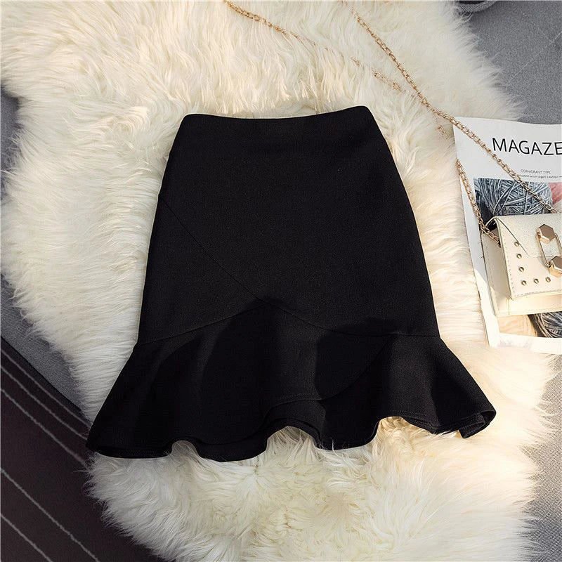 MEXZT Elegant Ruffles Mini Skirt Women Korean High Waist Wrap Mermaid Skirts Ladies Fashion Black White Trumpet Skirt Summer New