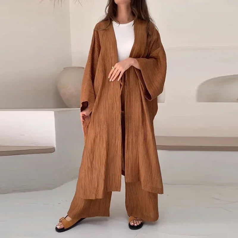 Elegant Female Loose Solid Color Outfits 2023 Women's Autumn Suits Lady Pleated Texture Top+Straight Casual Pants Two-Piece Sets