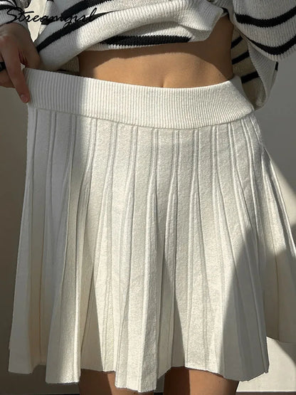 Knit Pleated Mini Skirt White For Women Spring A Line Short Skirt Woman Elastic Waist Women Knitted Black Mini Pleated Skirt