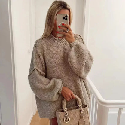 Fashion Round Neck Knitted Jumper For Women 2024 Autumn Long Lantern Sleeve Sweater Female Hight Street Warm Lady Chic Pullover