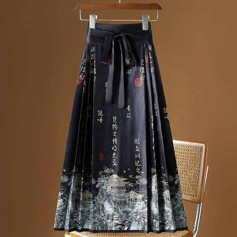 Maxi Chinese Style Horse Face Skirts Women Hanfu Vintage Harajuku Saia Casual Long Print Pleated Skirt Woman Clothing Faldas